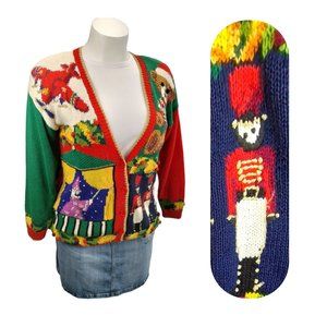 Marisa Christina Hand Knit Christmas Toy Cardigan Oversize Ugly Sweater Size L.